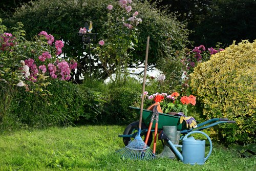 Gardener pruning a hedge in a residential Sydenham property illustrating garden maintenance